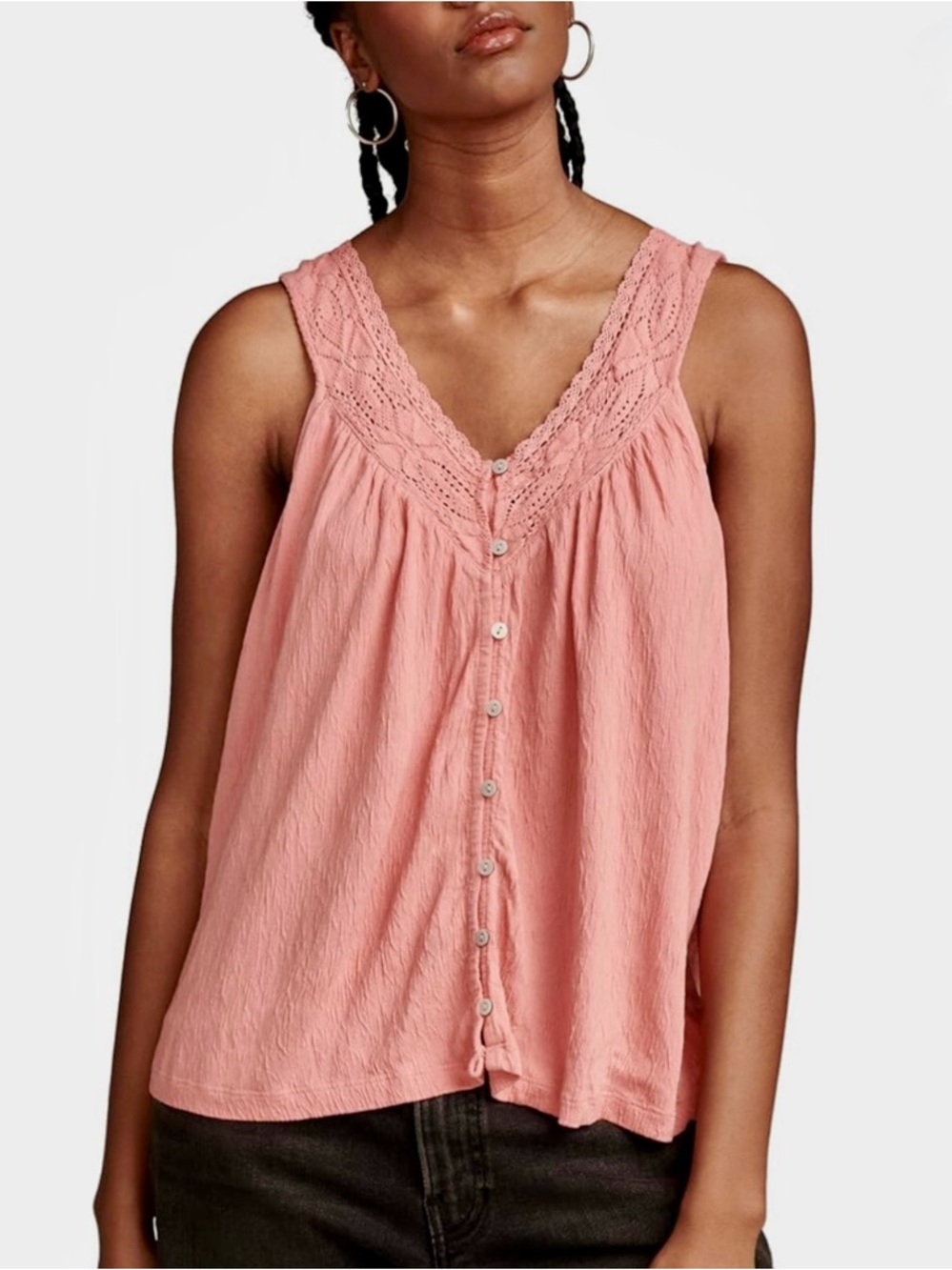 Lucky Brand Botton Front Lace Trim Top